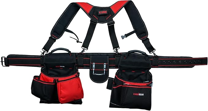 KUNN Tool Belt with Suspenders - Pro Framer Belt/Suspenders Combo Apron(Removable Pouch and Waist Belt) with Multiple Pockets & Hammer Holder for Carpenter,Construction and Electrician,Red