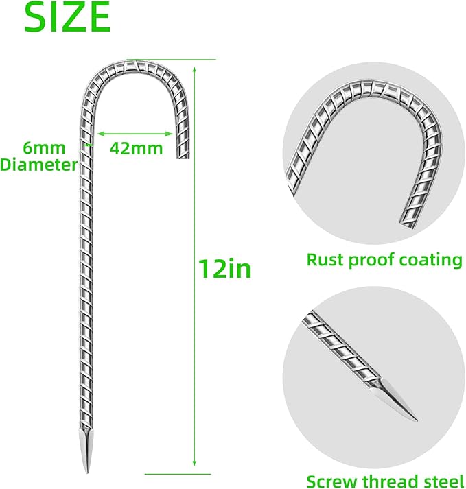 60 Pack Ground Garden Rebar Stakes Rebar 12 Inch Anti-Rust Galvanized Steel J Shape Hook Heavy Duty Ground Anchors for Tents, Position Kits,Fences, and Trampolines Landscape Fabric