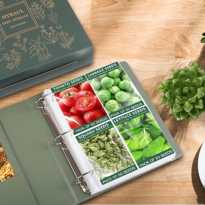 Seed Storage Organizer, Binder with 50 Pack Sheet Protectors That Stores 200 Seed Envelopes, PU Leather Cover, 2.5" D-Ring Binder, Gift for Garden Lover