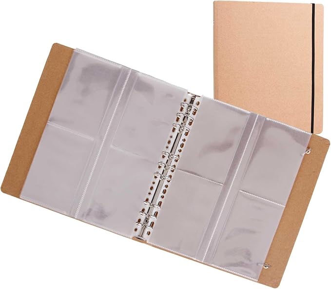 PABCK 100 Pockets Kraft Paper Binder Sheet Garden Seeds Packet Storage Book 4 Side Loading (Slot Size 3.62x5.19 inch) Plastic Clear 25 Sheet Protector Seed Envelopes Organizer Photo Album Card Sleeves