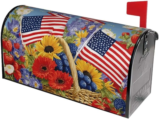 4th of July American Flag Floral Mailbox Covers Magnetic Letterbox Covers 21x18 Inch for Garden Outdoor Decoration
