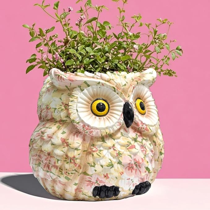 Pink Owl Planter, Cute Owl Statue Decor, Succulent Plant Pots, Decorative Flower Pot, Animal Bird Planters, Indoor Plant Pot for Home Garden Windowsill, Funny Gifts for Smart Women Mother Teacher