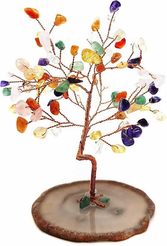Quartz Crystal Feng Shui Money Tree Natural Agate Flakes Geode Base Bonsai Style Decoration for Luck and Wealth 3.6"- 4.6" (Multicolor)