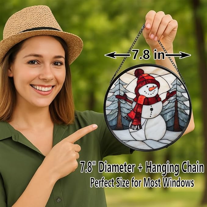 Stained Glass Window Hanging – 7.8 in Snowman Panel with Chain， Bathroom Front Door Living Room Garden Winter Christmas Decor， Gift for Mom Wife Lovers