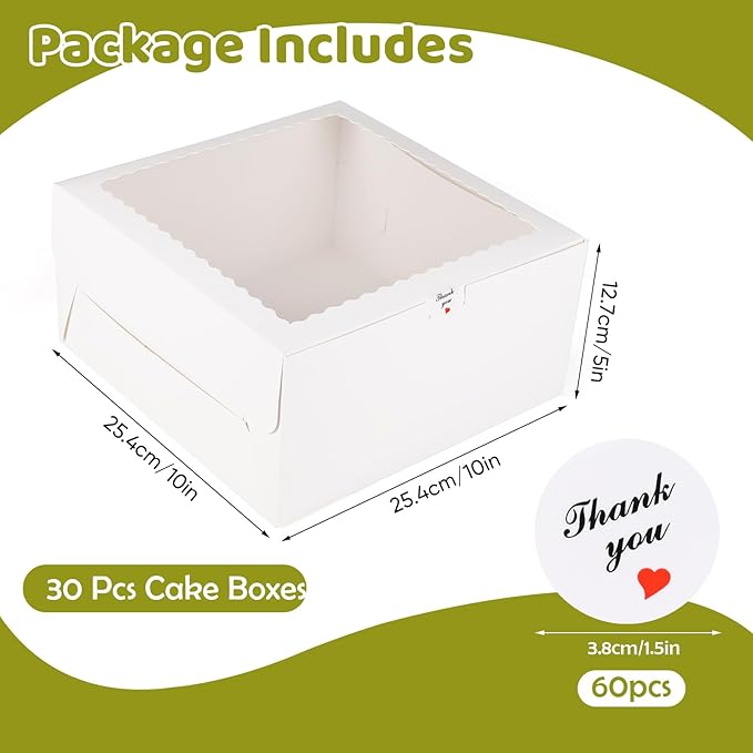 30 Pack Cake Boxes 10 Inch, Disposable Cake Transport Container, 10 Inch Cake Box with Window, White Bakery Boxes with Stickers, Cajas Para Pasteles for Cookies Pies Cupcakes Pastry(10x10x5 Inches)