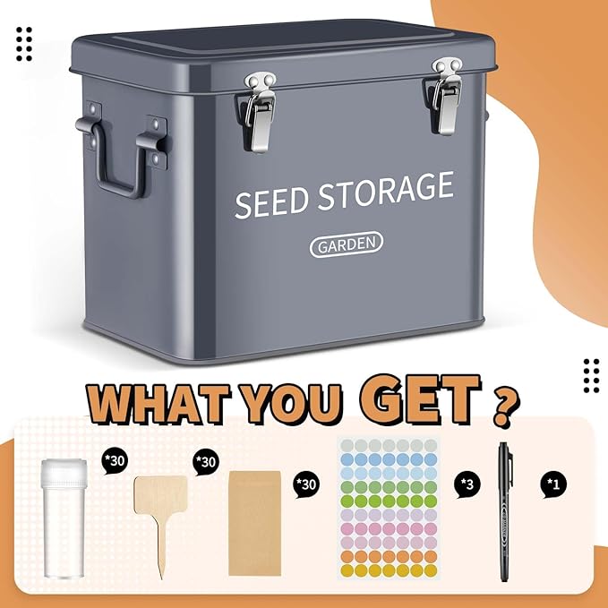 Blulu 85 Pcs Seed Storage Organizer 3 Compartment 30 Slot Metal Seed Saving Box with Lid and Lock with 1 Marker Pen, 20 Plant Labels, 30 Envelopes, 30 Bottles, Stickers for Garden Flower Plant(Grey)