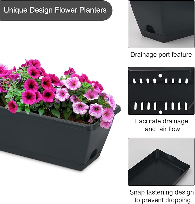 HOXHA Window Box Planter, 6 Pack 17inch Plastic Vegetable Flower Planter Boxes with Tray, Indoor Outdoor Flower Pots for Windowsill, Patio, Porch, Garden Balcony, Dark Gray
