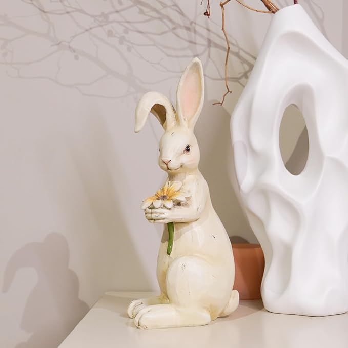 Newman House Studio Easter-Decorations - Spring Bunny Decor - Table Centerpiece - Spring Figurines - Indoor Bunny Statues with Flower Farmhouse Office Room Decor for Table 5 * 4.25 * 11.75 inch