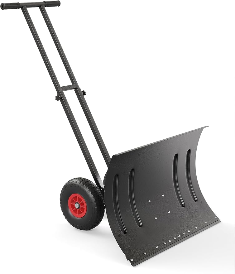 Garvee 29" Snow Pusher Shovel with Wheels,Heavy Duty Steel Snow Shovel with Wheels,Angled Blade Efficient Snow Removal With5-Position Angled Blade & Adjustable Handle for Doorway, Sidewalk,Black
