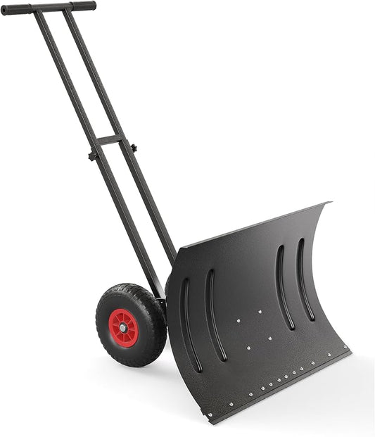 Garvee 29" Snow Pusher Shovel with Wheels,Heavy Duty Steel Snow Shovel with Wheels,Angled Blade Efficient Snow Removal With5-Position Angled Blade & Adjustable Handle for Doorway, Sidewalk,Black