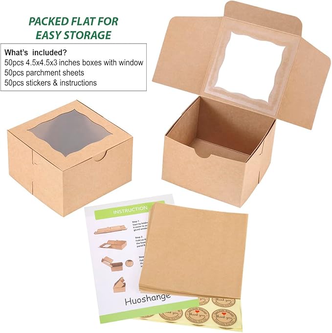 Cookie Boxes with Window 4.5x4.5x3 Inch-50 Pack Premium&Oil Resistant,Brown Bakery Box,Mini Treat Boxes for Mini Bundt Cake and Individual Cheesecakes