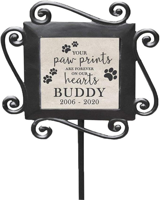 GiftsForYouNow Personalized Paw Prints On Our Hearts Garden Stake, 28' x 8.5', Wrought Iron with Decorated Ceramic Tile