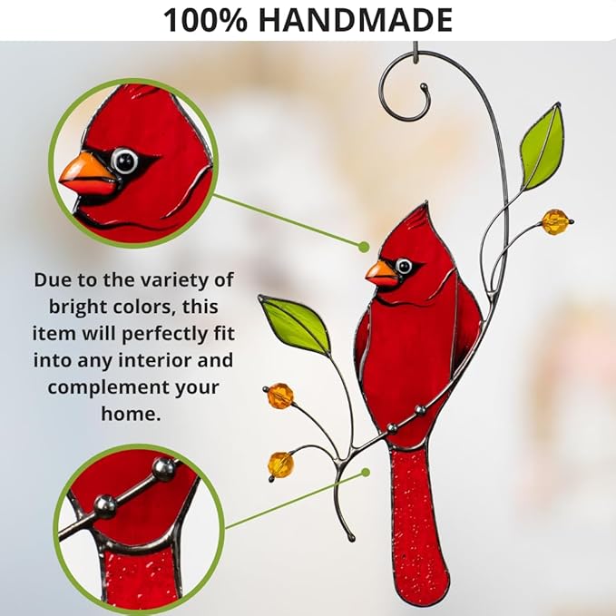 Christmas Stained Glass Ornaments Stained Glass Birds Handmade Product Home & Garden Gift for Mom Grandma (Red Northern Cardinal)