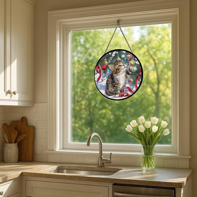 Stained Glass Window Hanging – 6.3 in Christmas Kitten Panel with Chain， Bathroom Front Door Living Room Garden Decor， Gift for Mom Wife Lovers