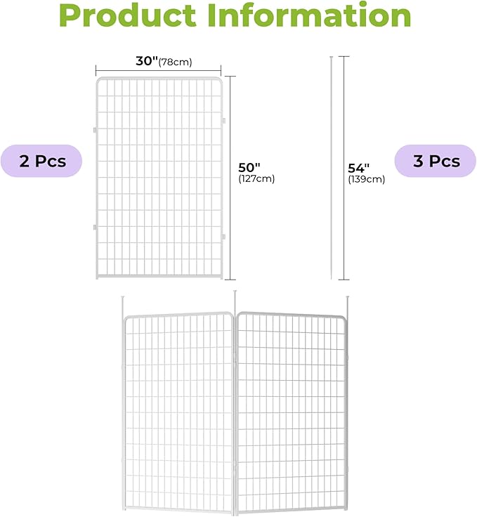 Doorless Garden Fence 50 in(H) x 5.1 ft(L) 2 Panels, Heavy Duty Metal Animal Barrier Fence, No Dig Fence for Dogs, Rabbit Fence for Garden, White