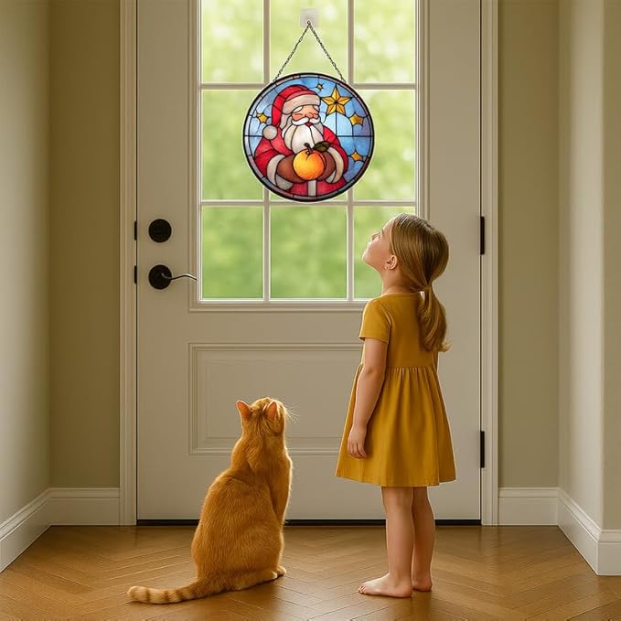 Stained Glass Window Hanging – 6.3 in Santa Claus Panel with Chain， Christmas Bathroom Front Door Living Room Garden Decor for Mom Wife Lovers