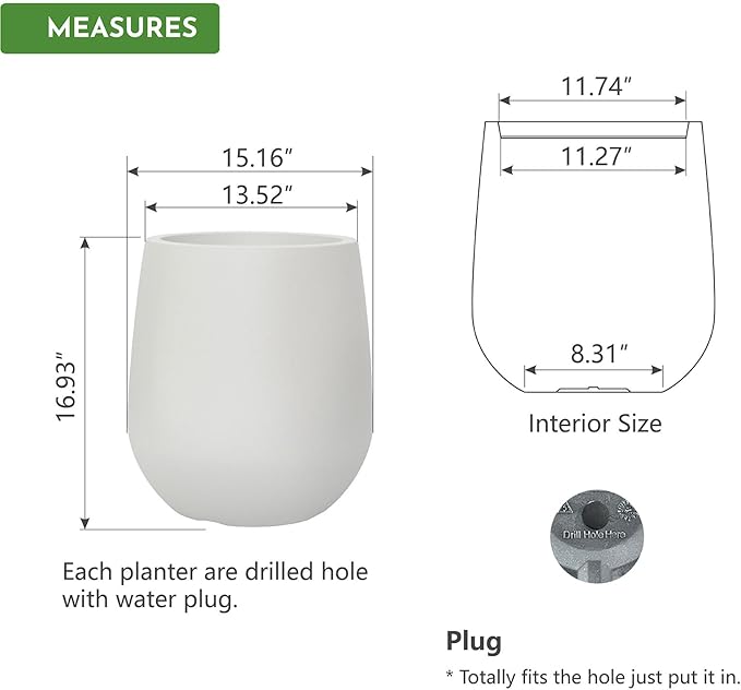 16.9" H Resin Tall Planters for Outdoor Plants, Modern White Round Tapered Plastic Flower Pot for Outdoor and Indoor Plants, Large Plant Pot with Drainage Holes and Rubber Plug for Home Garden Patio