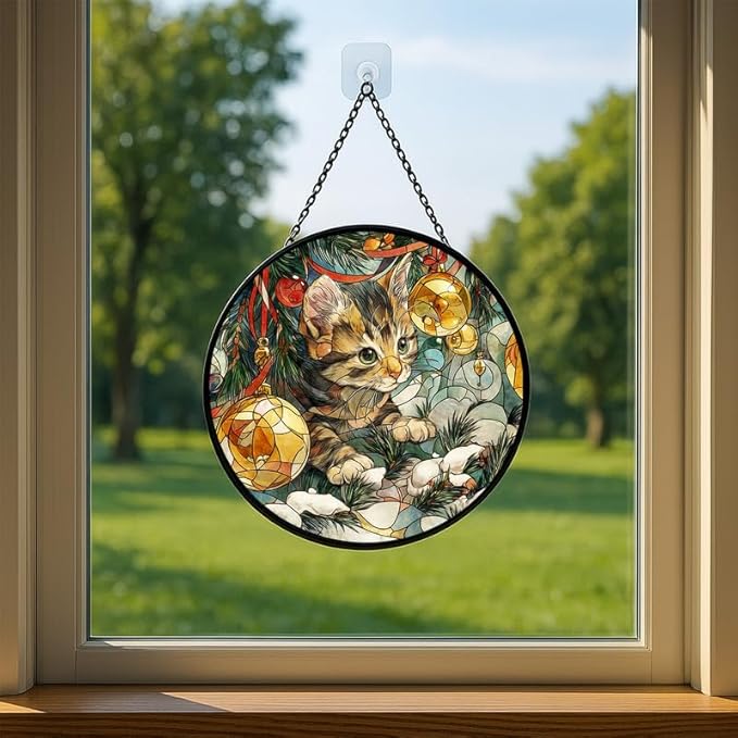 Stained Glass Window Hanging – 7.8 in Cute Kitten with Christmas Ornament Panel with Chain， Bathroom Front Door Living Room Garden Decor， Gift for Mom Wife Lovers