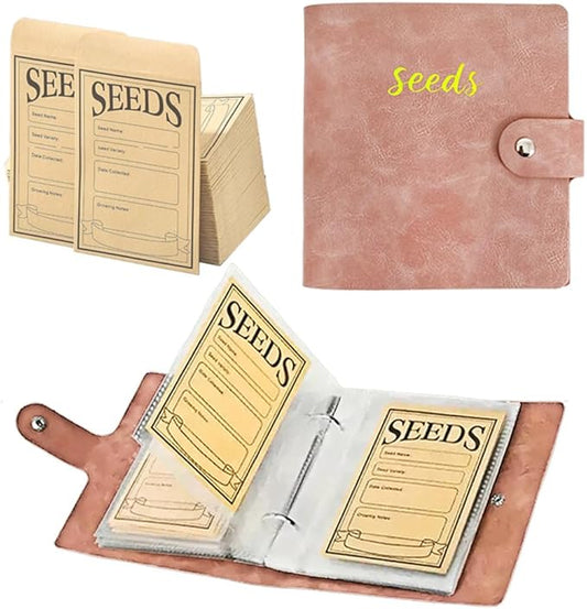Seed Storage Organizer Binder, Leather Seed Packet Organizer with 50 Clear Pockets(25 Pack Sheet Sleeves) and 50 Pack Seed Envelopes, Garden Seed Holder Book, Plant Seed Saver, Flower Seed Keeper