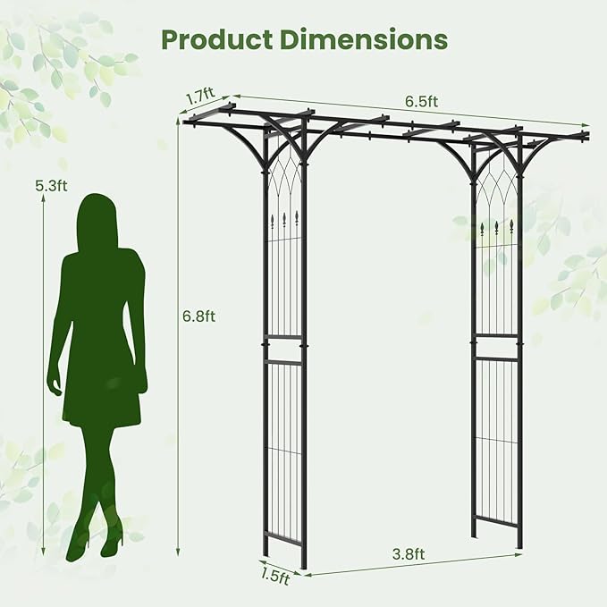 Moccha Garden Arbor, 6.8FT Metal Arbor Trellis for Climbing Plants, Roses, Vines, Outdoor Pergola with Trellises & Extended Roof, Garden Arch for Wedding Ceremony Decoration Lawn Patio Archway