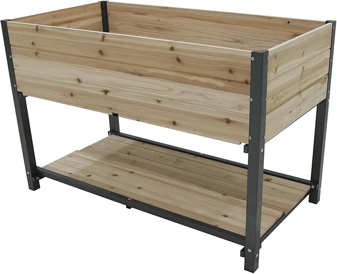 Raised Garden Planter Box with Storage Shelf, 45 inch Elevated Wood Planting Bed, Metal Frame
