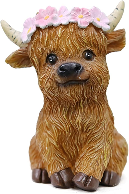 Highland Cows Themed Gifts for Women,Cute and Cozy Resin Yak Figurine with Floral Crown - Perfect Rustic Home Decor Accent