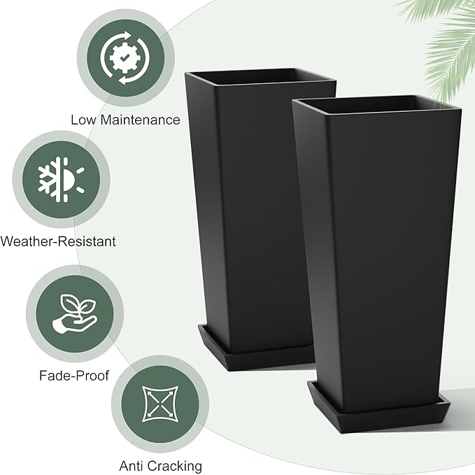 24" Set of 2 Tall Planters, Large Outdoor Flower Pots with Drainage Tray Modern Indoor Tapered Planter for Patio, Garden, Front Porch, Backyard (Black)