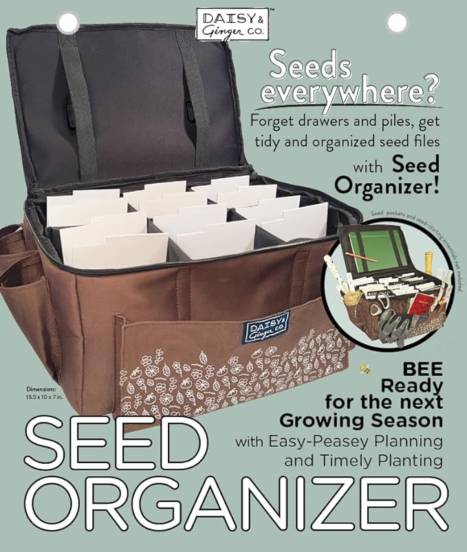 SEED PACKET ORGANIZER and GARDEN TOOL TOTE BAG with Water Resistant Bottom, Index Cards, Side Pockets, Notebook Straps and Shoulder Strap