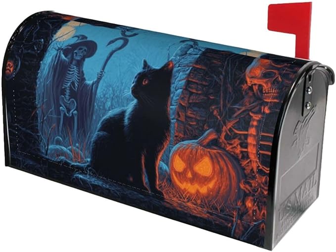 Halloween Skull Cat Mailbox Covers Magnetic Letterbox Covers 21x18 Inch for Garden Outdoor Decoration