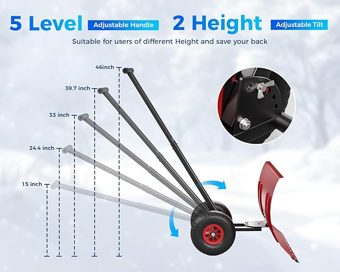 Garvee 29" Snow Pusher Shovel with Wheels,Heavy Duty Steel Snow Shovel with Wheels,Angled Blade Efficient Snow Removal With5-Position Angled Blade & Adjustable Handle for Doorway, Sidewalk, Red