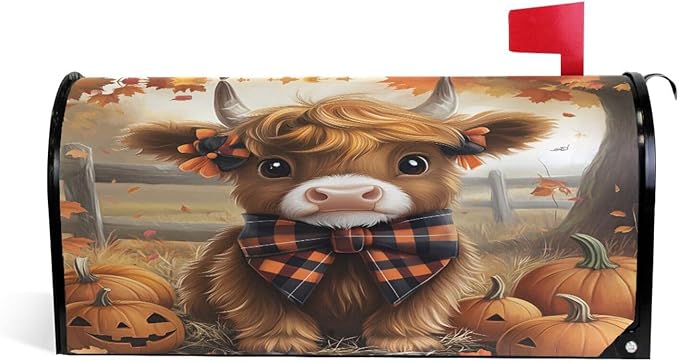 Autumn Highland Cow Fall Pumpkin Magnetic Mailbox Cover MailWraps Garden Yard Home Decor for Outside Standard Size-18"x 20.8"
