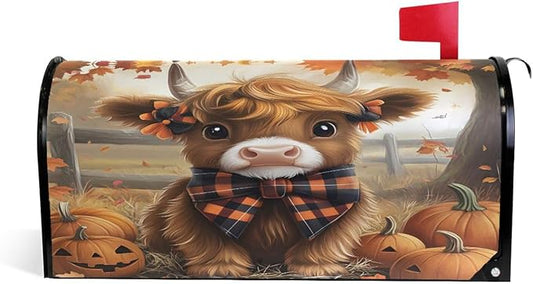 Autumn Highland Cow Fall Pumpkin Magnetic Mailbox Cover MailWraps Garden Yard Home Decor for Outside Standard Size-18"x 20.8"