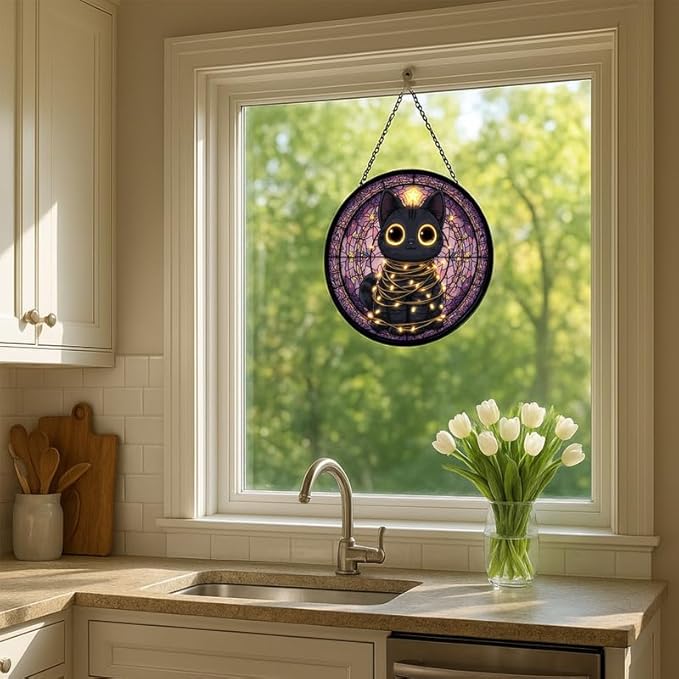 Stained Glass Window Hanging – 9.8 in Black Cat with String Lights Panel with Chain， Bathroom Front Door Living Room Garden Decor， Gift for Mom Wife Lovers