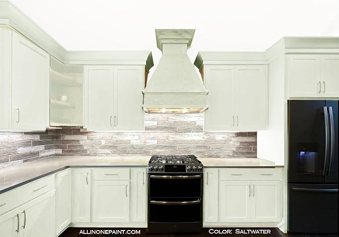 ALL-IN-ONE Paint, Durable cabinet and furniture paint. Built in primer and top coat, no sanding needed. Includes our 30 featured color card - Saltwater (pale green), 8oz Sample