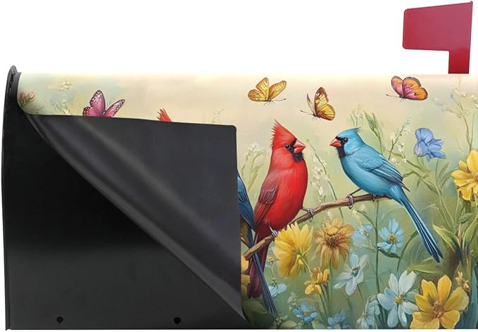ALAZA Spring Summer Flowers Red Birds02 Magnetic Mailbox Cover MailWraps Garden Yard Home Decor for Outside Oversized-25.5" x20.8"