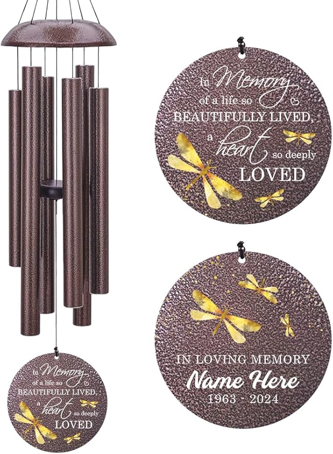 Sympathy Wind Chimes, Personalized Dragonfly Wind Chimes for Loss of Loved One, Commemorative Sympathy Gifts for Funeral, in Memory of Dad/Mom 36inch (Produced in USA)
