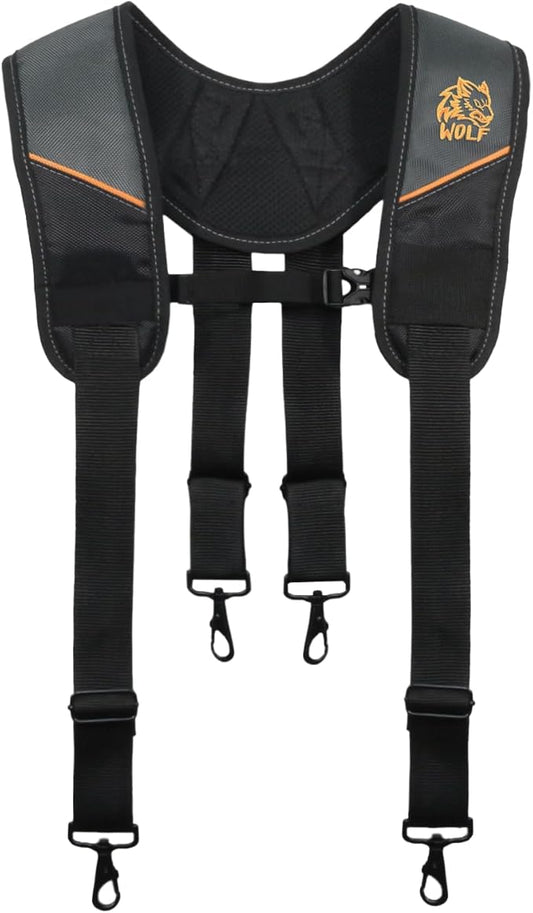 WOLF WTH2115 Padded 4-point Suspenders for Tool Work Belt | Universal Breathable Comfort Lightweight | Contractors Handyman | Pain Stress Relief Weight Distribution