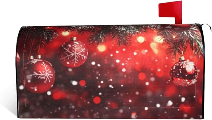 Festive Magnetic Mailbox Cover Red Christmas Ball Pattern Outdoor Mailbox Protector Holiday Seasonal Decorative Garden Yard Home Standard Size 21 x 18 Inch