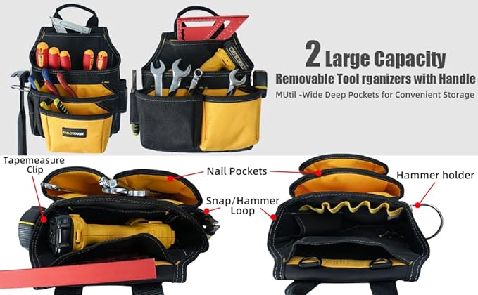 MELOTOUGH 28-Pocket Pro Framer's rig Combo Apron Tool Belt and Heavy Duty Padded Suspenders with Magnetic Desinger for Technician/Carpenter/and Electrician's Tools（Yellow)