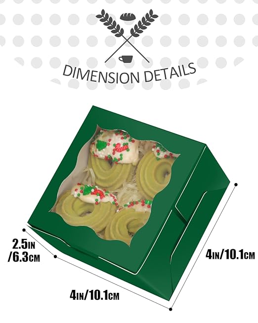 qiqee Deep Green Bakery Box with Window 4x4x2.5 inch 30Packs Macaron Boxes Small Donut Pastry Boxes for Party Mini Cookie Boxes