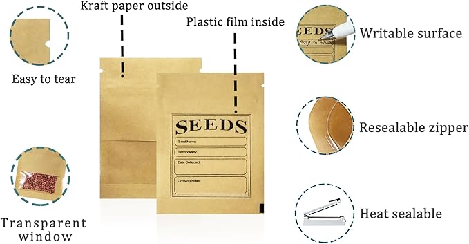 200 Pack Clear Window Small Resealable Seeds Packets Coin Envelopes 2.75x3.74 inch Brown Kraft Paper Sample Bag with Preprinted Seed Collecting Template for Seed Storage Organizer