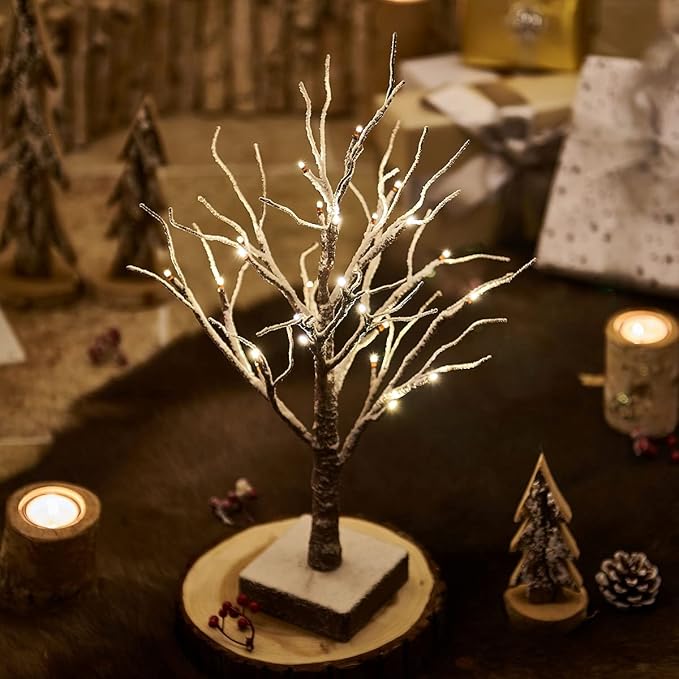 Fudios Lighted Snow Dusted Christmas Tree with Timer Battery Operated 18in Home Decor, Pre lit Artificial Tabletop Snowy Trees with 24 LED for Winter Party 2 Sets