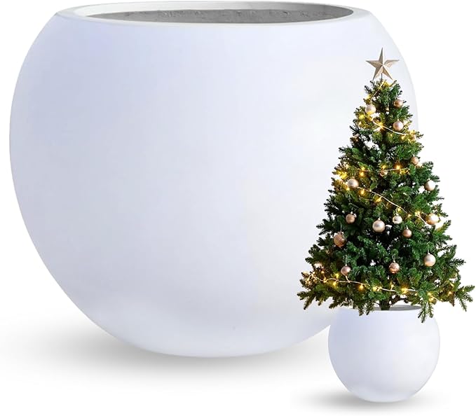 12.8" H x 16" D Globo Fiberstone Round Planter - Christmas Tree Planter, Smooth Finishes, Weather Resistant for Indoor & Outdoor Use, Included 2 Extra Coco Mats (White, 10.7" Pot Opening)
