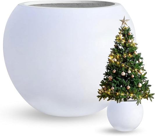 12.8" H x 16" D Globo Fiberstone Round Planter - Christmas Tree Planter, Smooth Finishes, Weather Resistant for Indoor & Outdoor Use, Included 2 Extra Coco Mats (White, 10.7" Pot Opening)