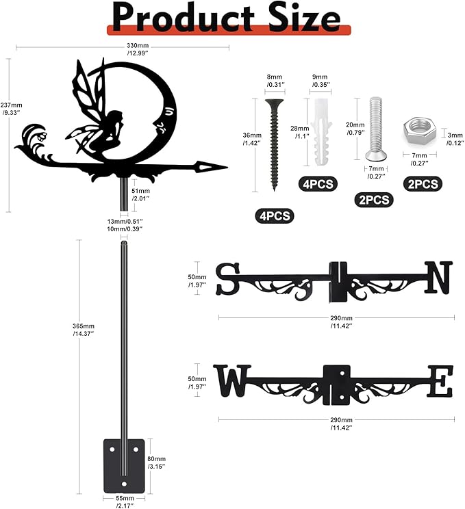 Fairy and Moon Weather Vane, Black Metal Weathervane Roof Mount, Wind Direction Indicators Wind Measuring Tool Outdoor, Wind Vane Ornament Decoration for Shed Garden Yard Farmhouse Patio Decor