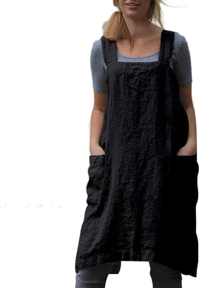 Cotton Linen Apron Cross Back Baking Cooking Gardening Apron for Women with Pockets Pinafore Dress