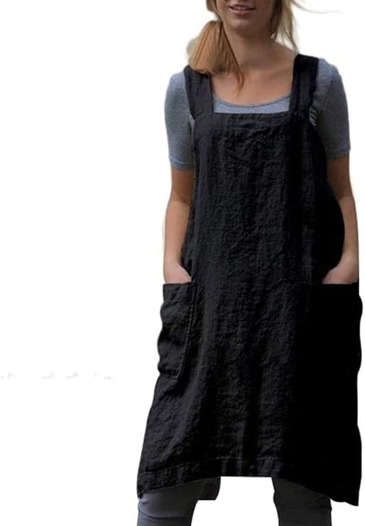 Cotton Linen Apron Cross Back Baking Cooking Gardening Apron for Women with Pockets Pinafore Dress
