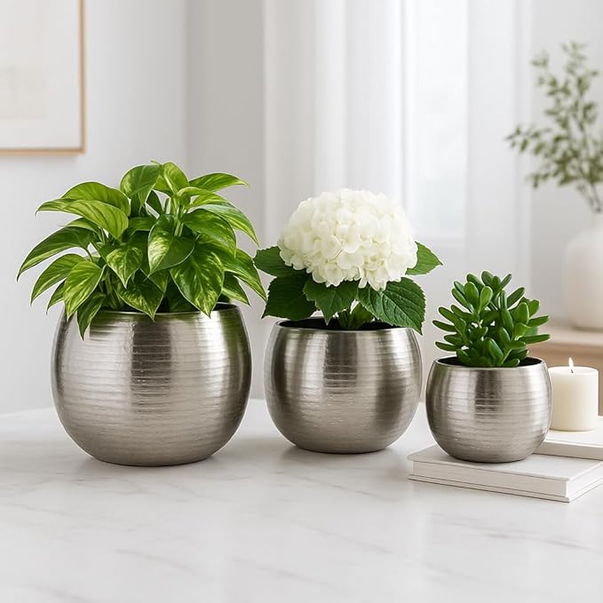 Modern Planters and Flower Pots for Home Decor – Metal Plant Pots Perfect for Indoor and Outdoor Houseplants – Stunning Accent for Garden, Patio, and Living Room Decor Set of 3 – 11", 10", 8" Silver