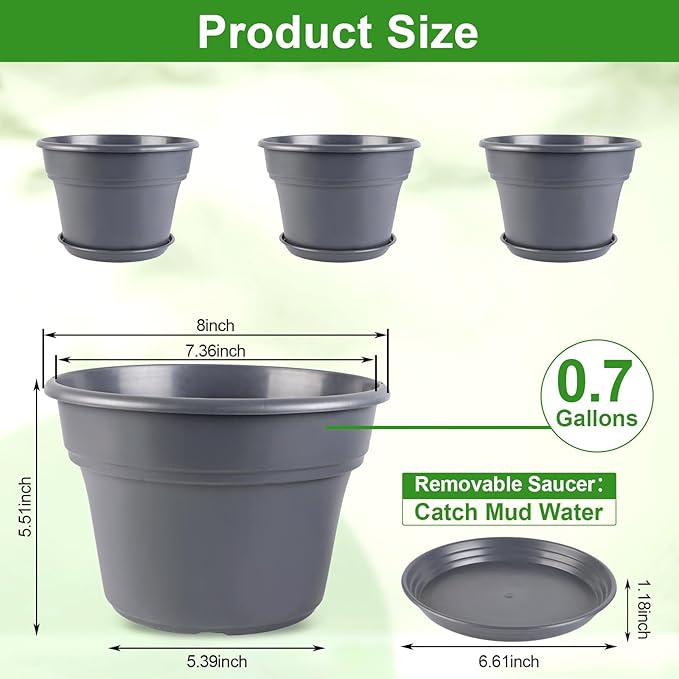 8-inch-Plant-Pots-Indoor-Outdoor, 4 Pack Plastic Planters with Drainage Holes & Saucers, Resin Flower Pots with Trays, Classic Garden Pot Container for House