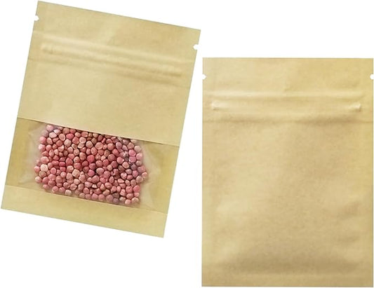 FERENLI 100 Pack 5.1x7.08 inch Small Resealable Seed Coin Envelopes Bags with Clear Window Brown Kraft Paper Heat Seal Packets for Flower Vegetable Seeds Storage Party Favor Pet Food Sample Bag